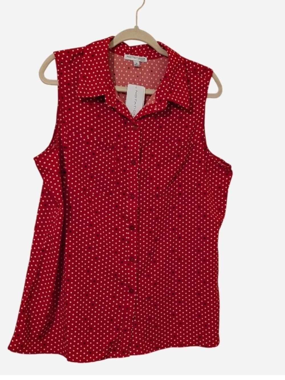 Notations Red Sleeveless Polka Dot Button Front Blouse